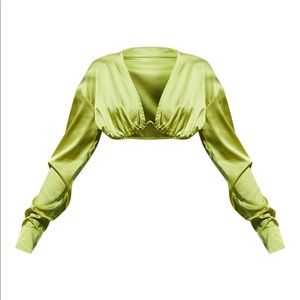 New pastel lime satin v wire under bust cropped shirt